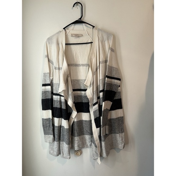 Loft Waterfall Cardigan Sweater Open Front Gray White Stripe Wool Blend Size Med - Picture 1 of 4